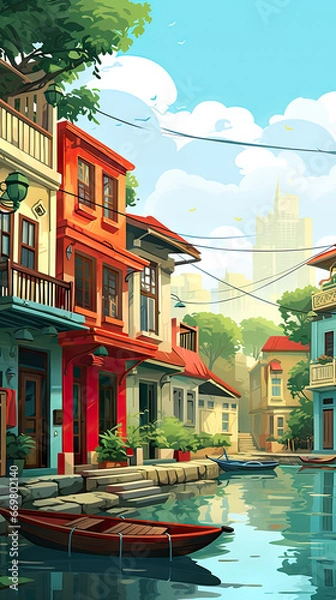 Fototapeta Old Asian city street in cartoon style. Chinatown cartoon landscape. Vietnam town buildings illustration. China city street. Asian houses. Generated by artificial intelligence