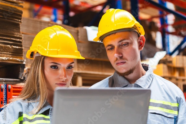 Fototapeta Factory manager, foreman worker checking stock inventory on good shelf in delivery storehouse of logistic storage warehouse, shipping distribution business, package box industry job for retail market