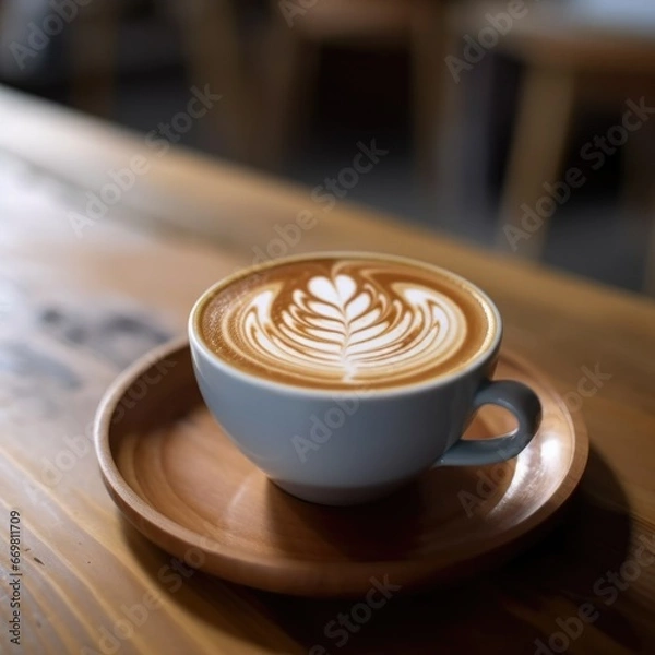 Fototapeta White coffee cup with heart shape latte art on wood tab. Generative AI.
