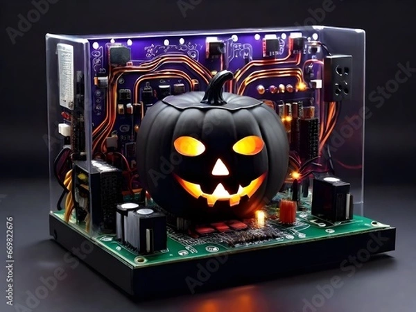 Fototapeta Haunted Circuit Board: Halloween Tech Spectacle Generated by AI