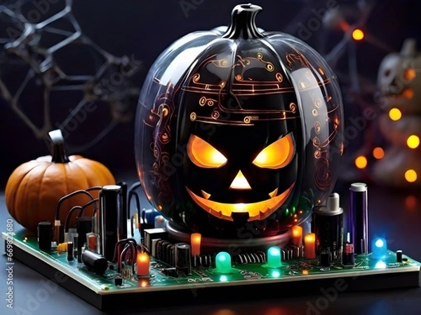 Fototapeta Haunted Circuit Board: Halloween Tech Spectacle Generated by AI