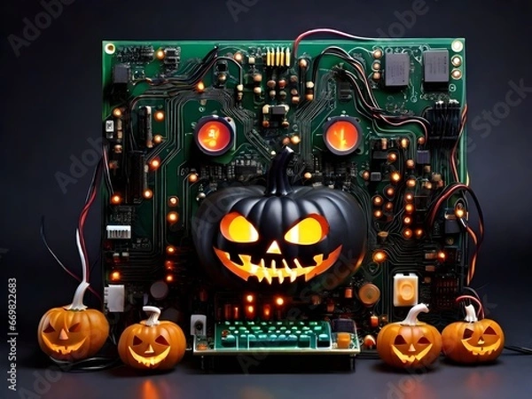 Fototapeta Haunted Circuit Board: Halloween Tech Spectacle Generated by AI