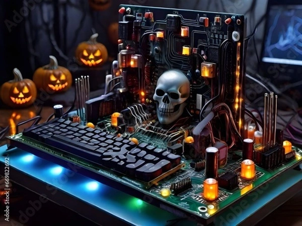 Fototapeta Haunted Circuit Board: Halloween Tech Spectacle Generated by AI