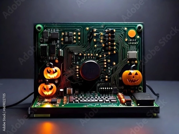 Fototapeta Haunted Circuit Board: Halloween Tech Spectacle Generated by AI