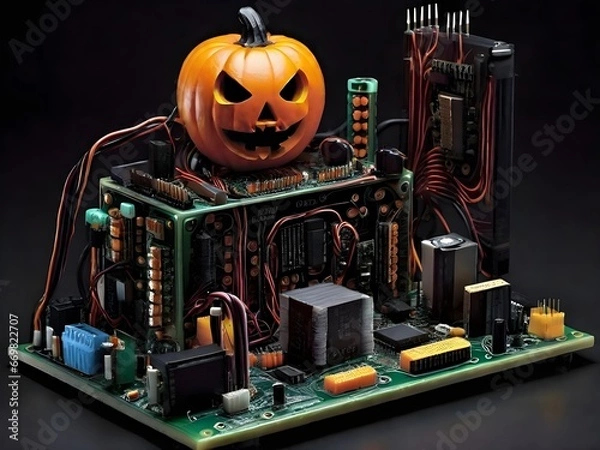 Fototapeta Haunted Circuit Board: Halloween Tech Spectacle Generated by AI