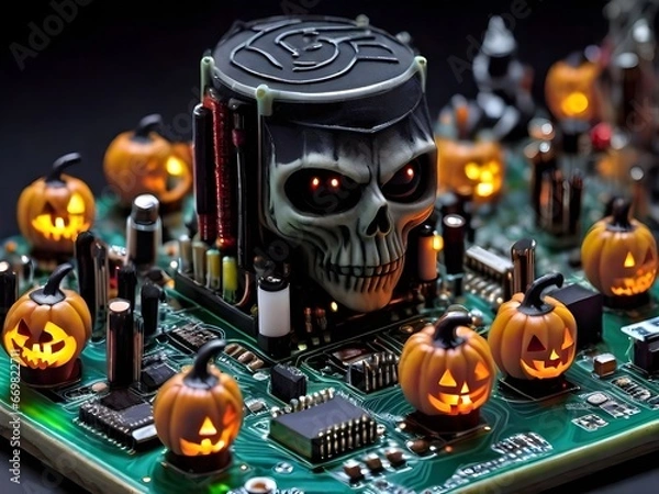 Fototapeta Haunted Circuit Board: Halloween Tech Spectacle Generated by AI