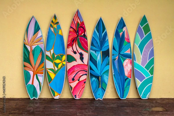 Obraz Flashy pattern surfboard against the rock wall.
