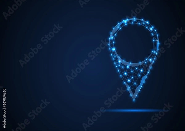 Obraz Wireframe map pin location line and dots abstract blue vector icon. Digital technology world gps navigation low poly concept. Triangle direction and pointer sign illustration.