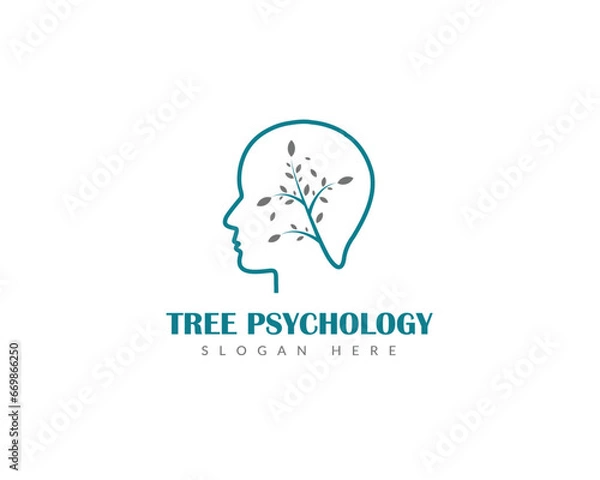 Obraz Human head with tree and leaf logo design template. Creative brain tree logo design.