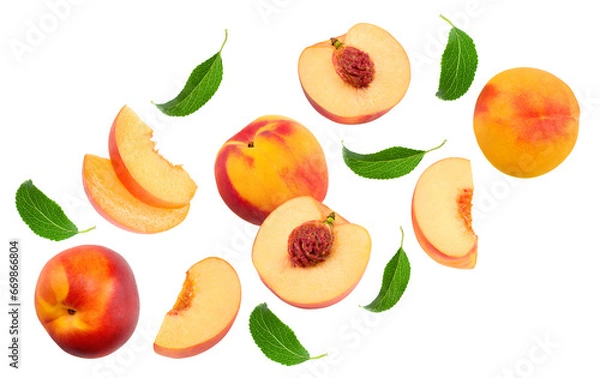 Obraz flying peach fruits with green leaf and slices isolated on white background. clipping path