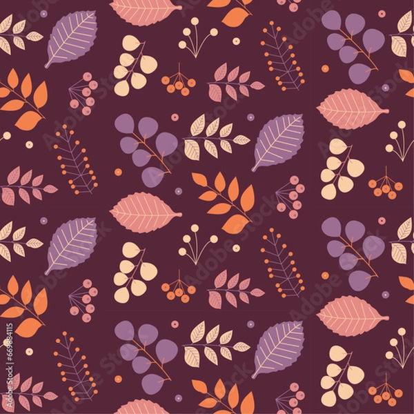 Obraz Seamless pattern with autumn colorful leaves on a burgundy background, hand drawn vector illustration.