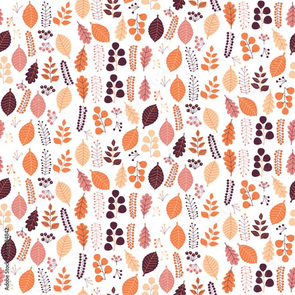 Obraz Seamless pattern with autumn colorful leaves on a white background, hand drawn vector illustration.