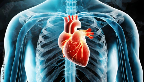 Fototapeta Male anatomy of the human Heart system. 3d rendering concept and medical technology network. Generative AI