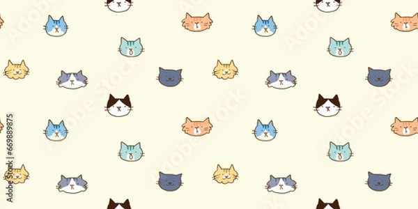 Fototapeta Seamless Pattern with Cartoon Cat Face Design on Light Yellow Background