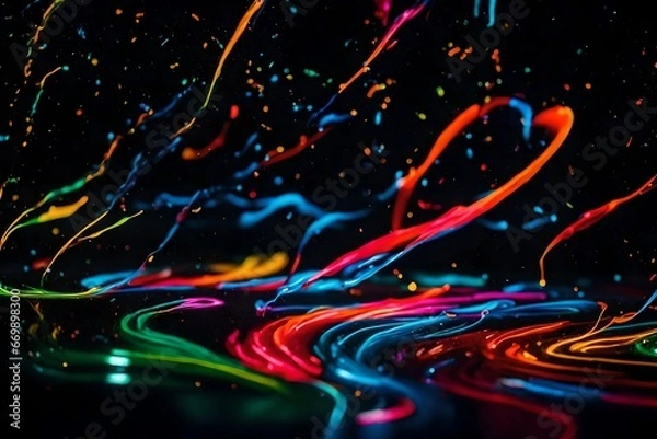 Fototapeta Colorful mix of neon paints swirling on black surface
