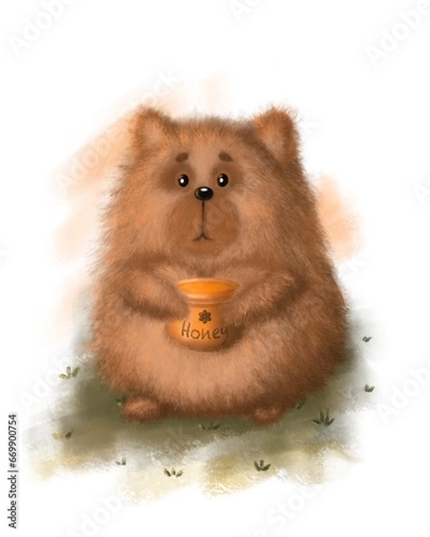 Obraz A cute bear sits on the grass with a pot of honey in his paws, isolated on a white background, children's hand-drawn illustration.