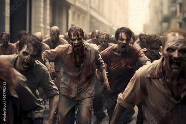 Fototapeta Group of zombies running on city street at day time. Neural network generated image. Not based on any actual person or scene.