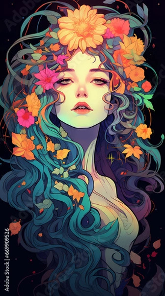 Fototapeta Hand drawn cartoon illustration of a beautiful spring goddess wearing a wreath on her head
