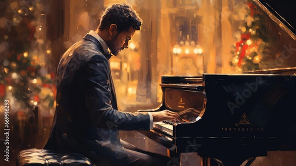 Obraz Man playing the piano in a restaurant with Christmas trees in the background, pianist performing jazz music during Christmas celebration