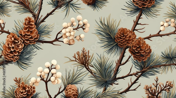 Obraz Christmas tree pattern, nature theme, fir tree branch, berries, and pinecones pattern illustration