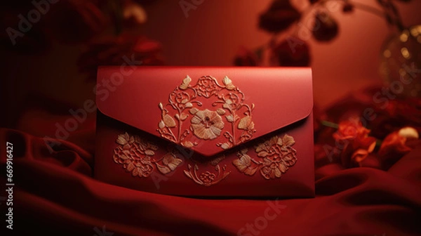 Obraz Ornate red envelope with money for gift, Chinese envelope present against a beautiful red background