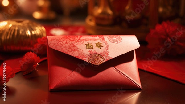 Obraz Chinese red envelope, China New Year gift, ornate envelope design on a table close-up