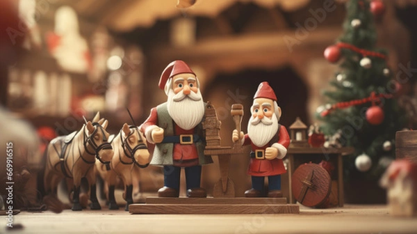 Obraz Wooden Santa Claus figurines on a table near horse and toy Christmas tree, workshop, cozy vibes