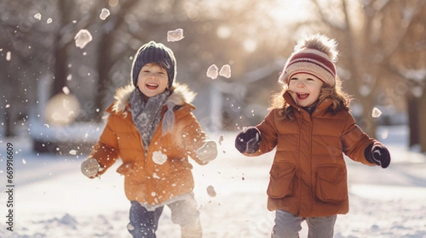 Obraz Two kids playing in the snow on a sunny winter day. Boy and girl in winter clothes having fun outdoors during December.