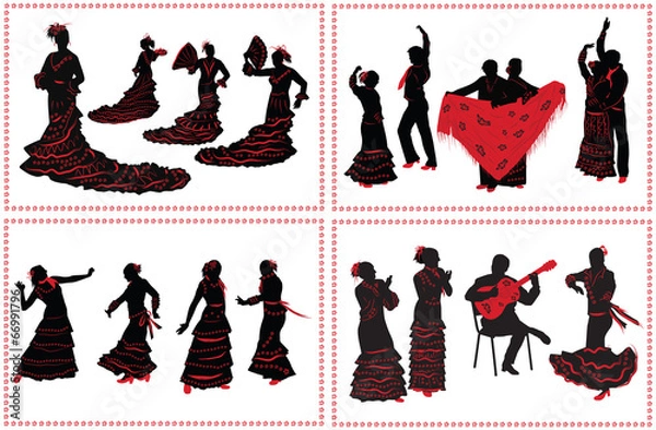 Fototapeta People dancing flamenco. Set of black and red silhouettes on whi