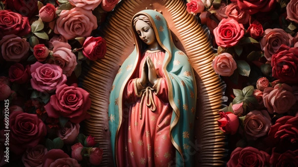 Fototapeta Statue of Saint Mary of Guadalupe (Virgen de Guadalupe) in honor of the celebration of the Mexican holiday of December 12