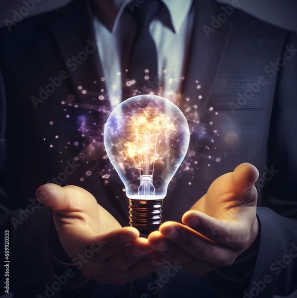 Fototapeta light bulb in hand (Generative AI)