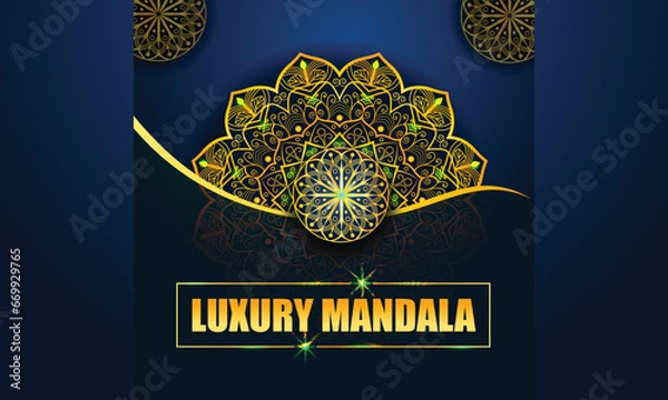 Fototapeta  blue and gold decorative mandala design background. Creative luxury mandala background with golden arabesque pattern .