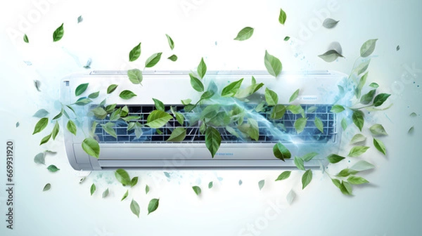 Fototapeta air conditioner blowing cold air with snowflakes and green leaves, strong cold air with snowflakes and green leaves on light white background, highly detailed, high resolution, intricate detail,
