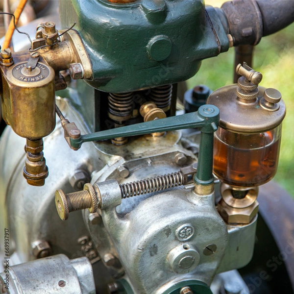 Obraz Système de lubrification d'une machine industrielle ancienne avec sa burette extérieure.