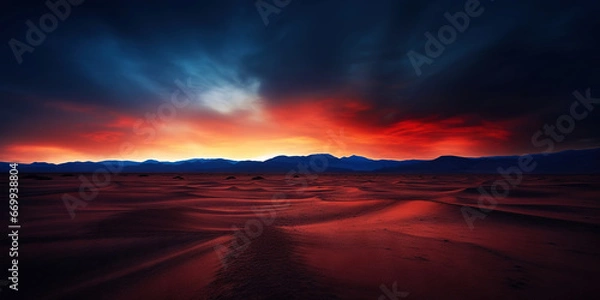 Fototapeta Dramatic sky over desert. Dark clouds over sand dunes. Generative AI