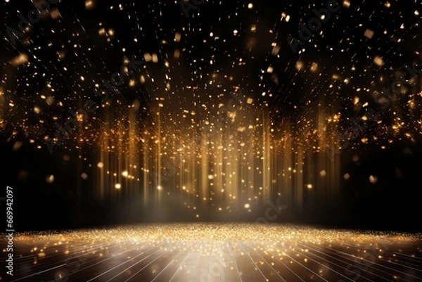Obraz A festive stage adorned with golden confetti, providing a mockup space suitable for award ceremonies, jubilees, New Years parties, or product presentations. Created with generative AI tools