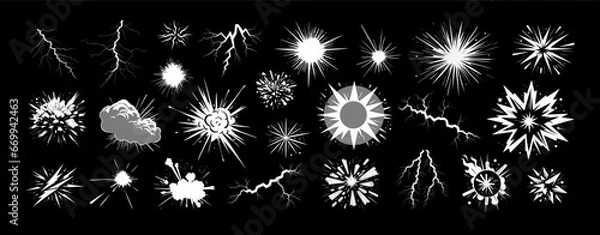 Fototapeta Explosion, burst fire effect of exploded dynamite with energy flashes, lightning strikes and smoke clouds cartoon collection. Vector illustration