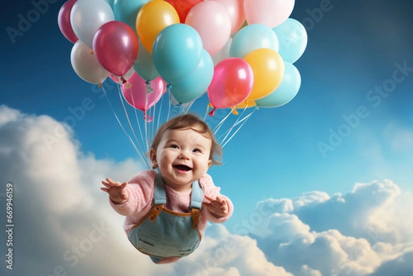 Fototapeta Cute child flying with balloons in the sky