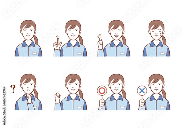 Obraz ユニフォーム姿の働く女性のイラスト　表情バリエーションセット　