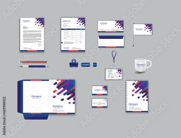 Fototapeta office business stationary set in blue color, white background vector design with letter head envelop folder id card notepad usb paper clip pen pencil cup business card flag