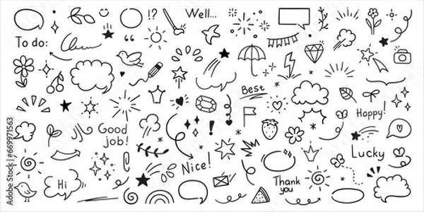 Fototapeta Cute Doodle pen line elements. Heart, bubble, doodle, arrow, star, icon, shiny ornaments set. Simple drawing in line style sketch, attention, lettering, text, pattern elements. Vector illustration.