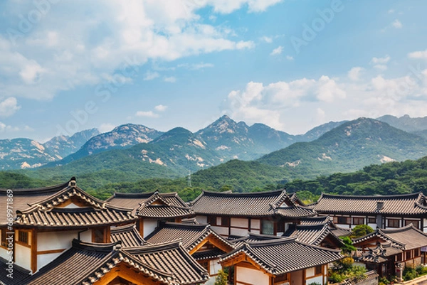 Fototapeta 대한민국 서울 은평한옥마을과 북한산