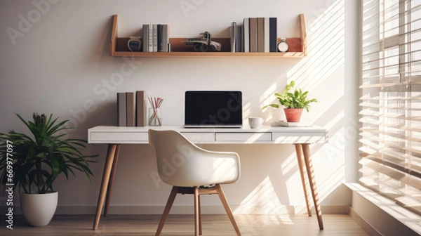 Fototapeta Sleek Desk and Comfortable Ergonomic Chair in Minimalist White and Functional Gray Modern Home Office
