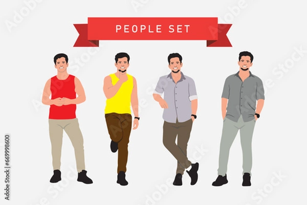 Fototapeta Vector illustration of a group of men in different clothes. Flat style.