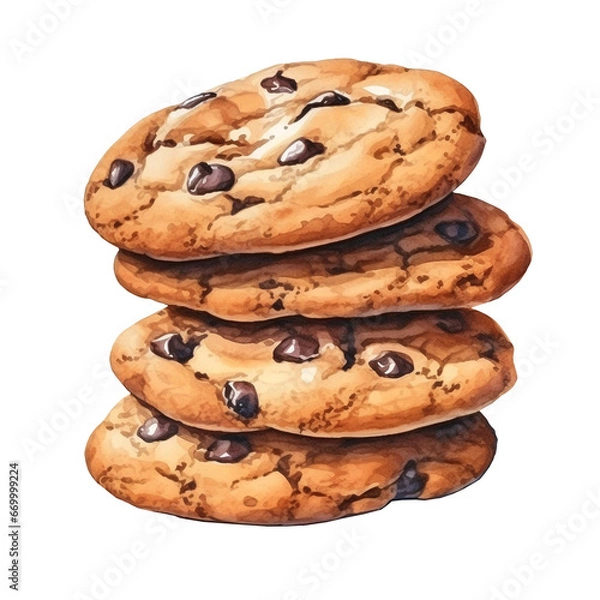 Fototapeta Chocolate chip cookies in a pile, png isolated on a transparent background, watercolor clipart illustration