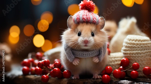 Fototapeta a cute rat in red hat with red berries. christmas symbol.