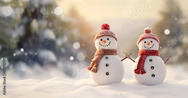 Obraz Generative AI. Two snowmen in warm hats and scarves on the street. Banner. Copy space