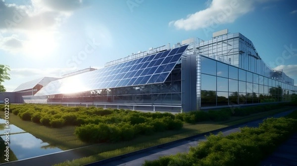 Obraz Green manufacturing in focus, wide-angle shot of a solar-powered factory exterior, with solar panels gleaming under the sun, signaling the move towards sustainable production.