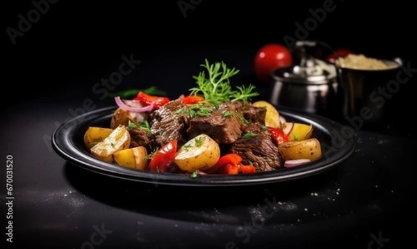 Fototapeta beef with vegetables in a black plate. 
