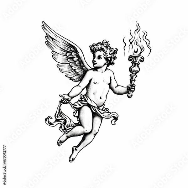 Fototapeta Flying little angel with a torch in his hand. Cute angel Cupid with wings. Black and white illustration. Design for tattoo, stickers